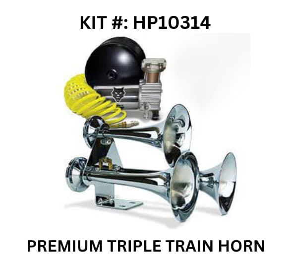 Premium Triple Train Horn Kit HP10314 from Pacbrake, featuring three high-quality horns for enhanced sound performance